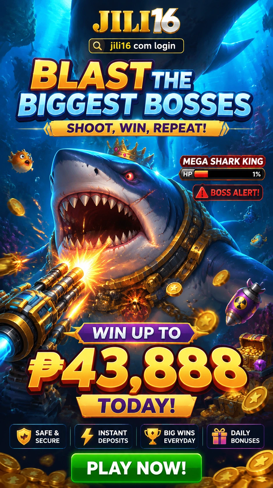 Ocean-themed fishing game scene with boss fish and coin targets